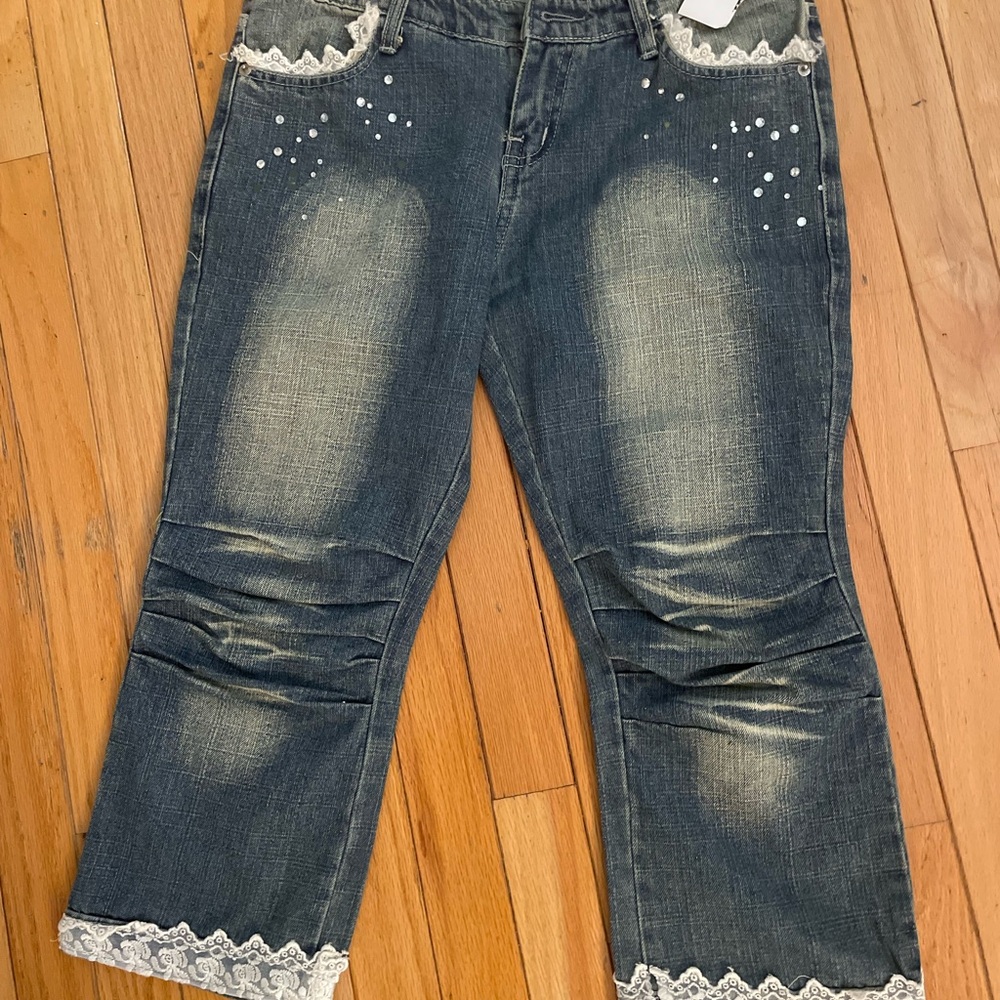 Stylish distressed lace and studs  denim jean capris / unique designer style -